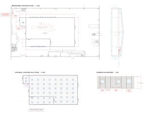 Detailed CAD drawing showing a proposed mezzanine layout for an industrial facility, including a 1:100 mezzanine location plan with changing room, air shower, main chamber, machine footprint, access doors and dimensioned wall positions. The drawing also includes a 1:100 ceilings, lighting and AC plan with grid ceiling and lighting positions, a side elevation with vertical dimensions, and 1:50 example elevations of modular wall and door panels with ceiling height annotations.