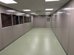 Internal clean room area with double skin steel partitioning, access door and LED lighting
