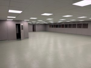 Large clean room area created with double skin steel partitioning and glazed panels for Molymer Moulding Services Ltd