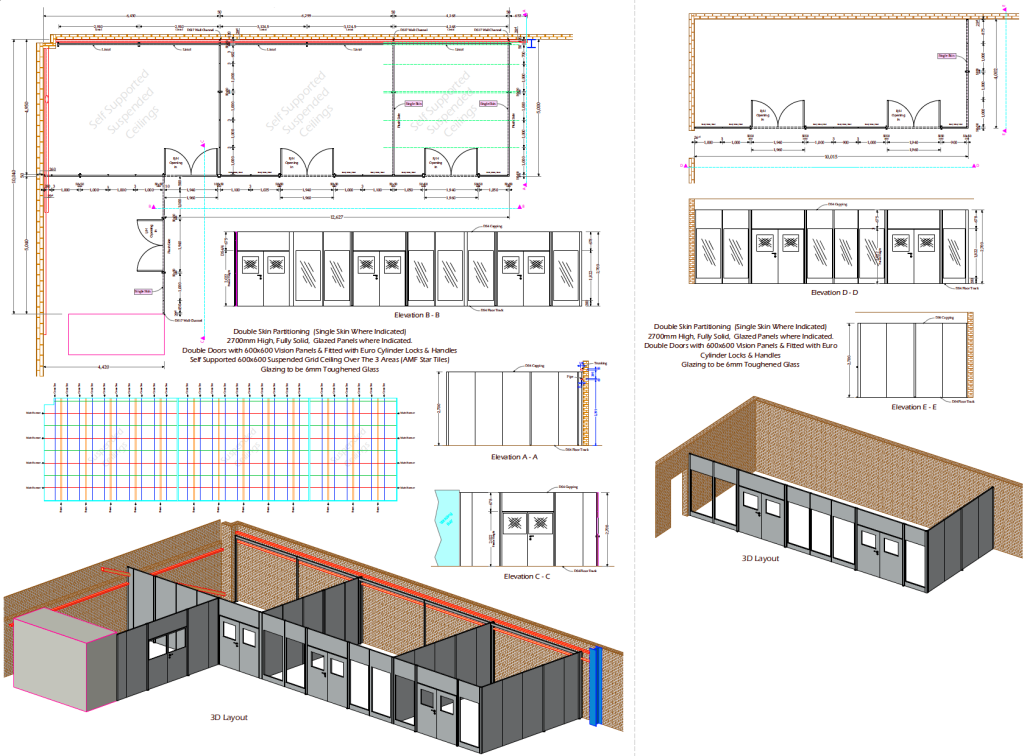 CAD plan showing a proposed installation of double skin steel partitioning and single skin steel partitioning with a self-supported suspended ceiling